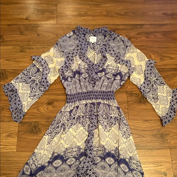 Misa Los Angeles High/Low Bohemian Maxi Dress with Blue and Cream Patterns - Picture 3 of 13